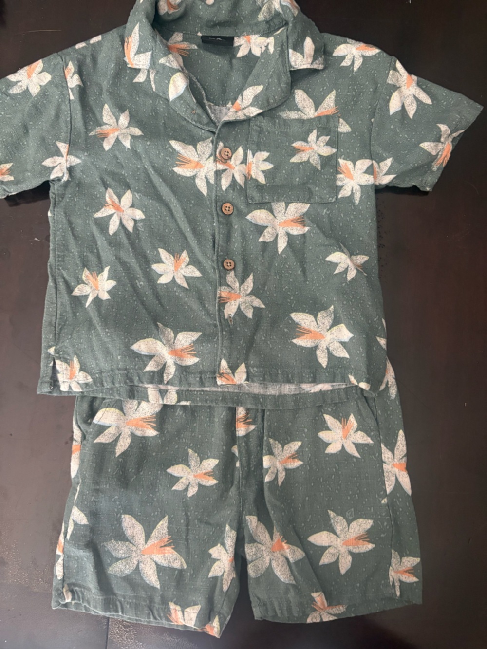 Volcom Teal Floral Button-Up Top with Cream & Peach Blooms